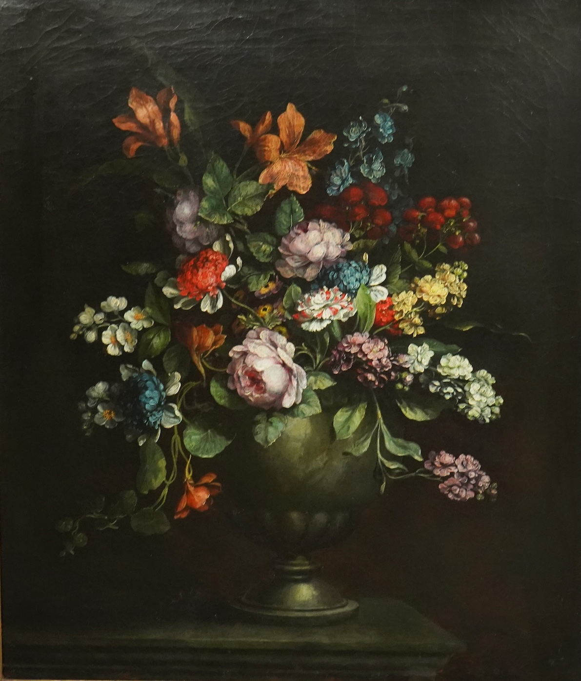 17th century Dutch School , Still life of flowers in a vase upon a ledge, oil on canvas, 70 x 60cm